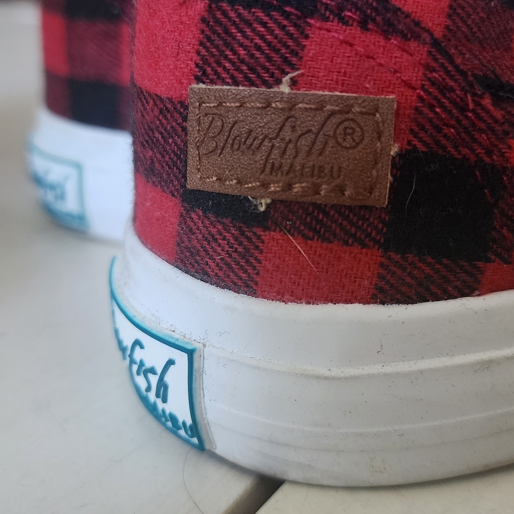 Blowfish Red and Black Plaid Sneakers with Leather Accents